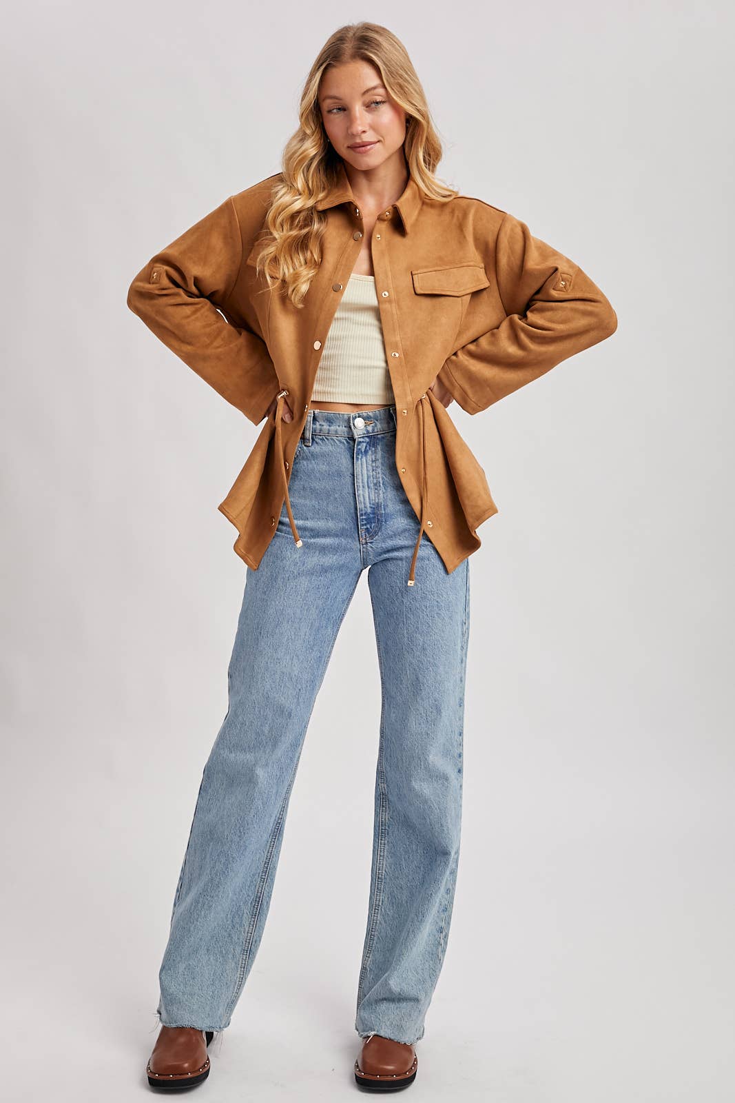 FAUX SUEDE BUTTON DOWN ROLL-UP SLEEVE SHACKET
