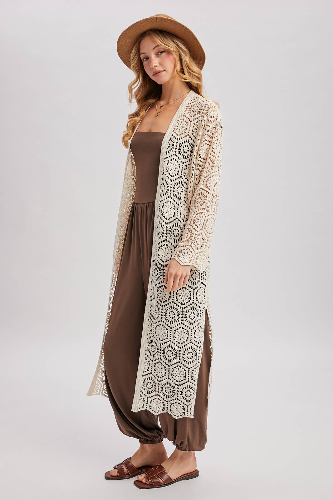 BOHO LONG LINE SIDE SLIT CROCHET CARDIGAN