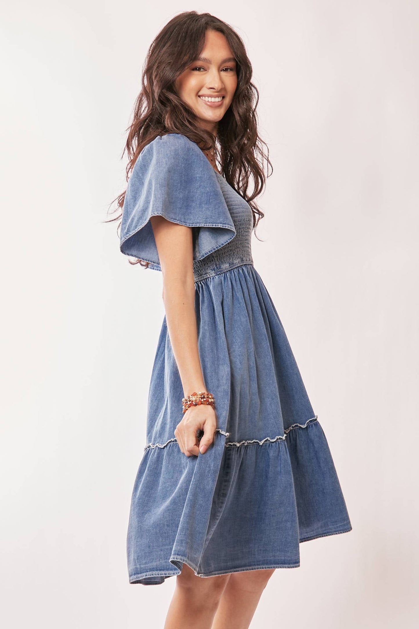 DENIM SHORT SLEEVE ELASTIC RUCHED CHEST DRESS