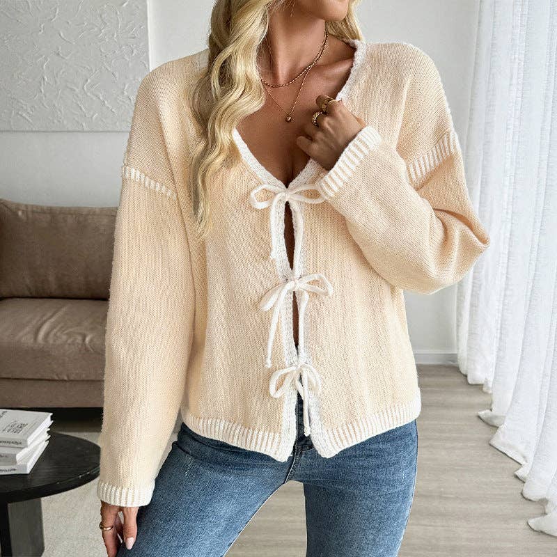 Contrast Trim Tie Front Knit Cardigan Sweater
