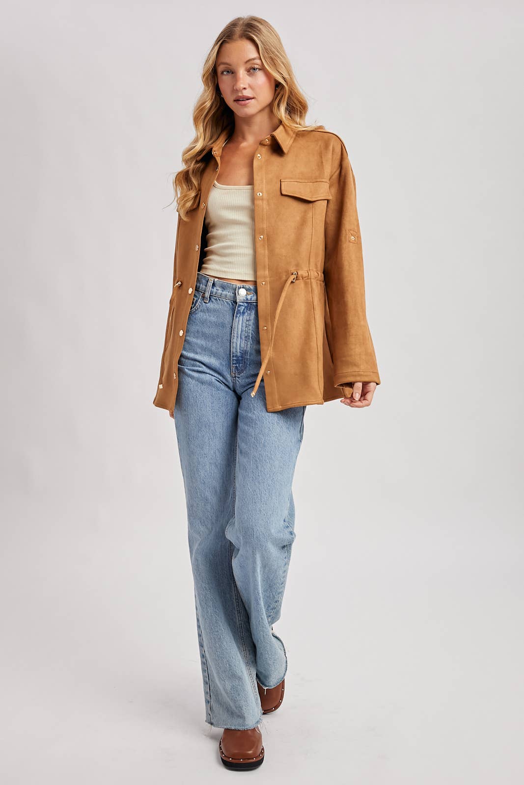 FAUX SUEDE BUTTON DOWN ROLL-UP SLEEVE SHACKET
