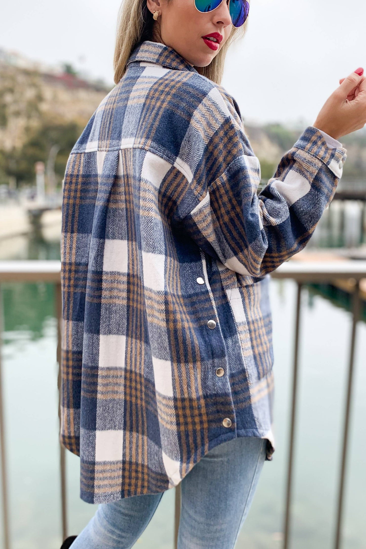 Blue Plaid Print Side Button Down Detail Oversized Jacket