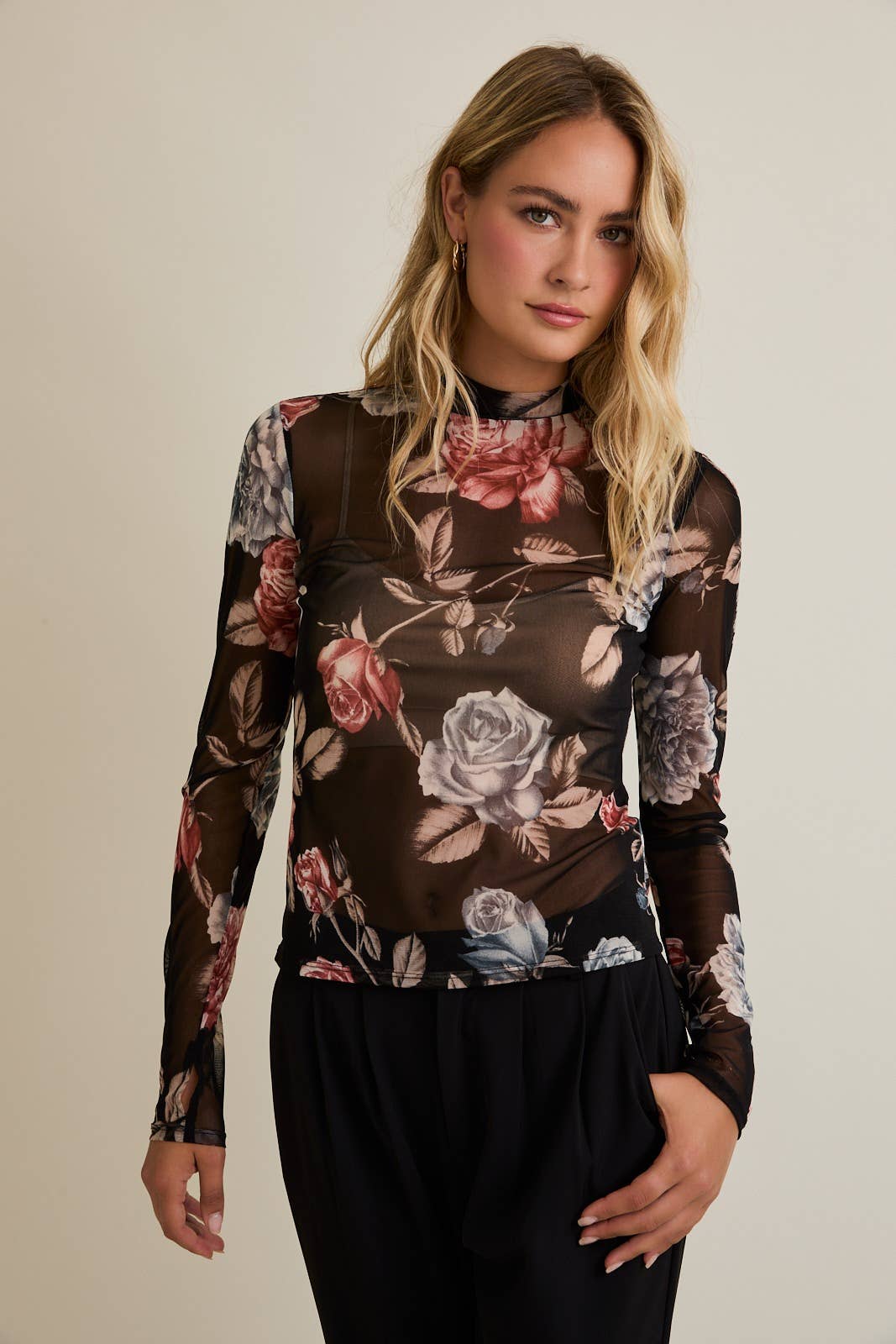 Floral Sheer Mesh Mock Neck Top