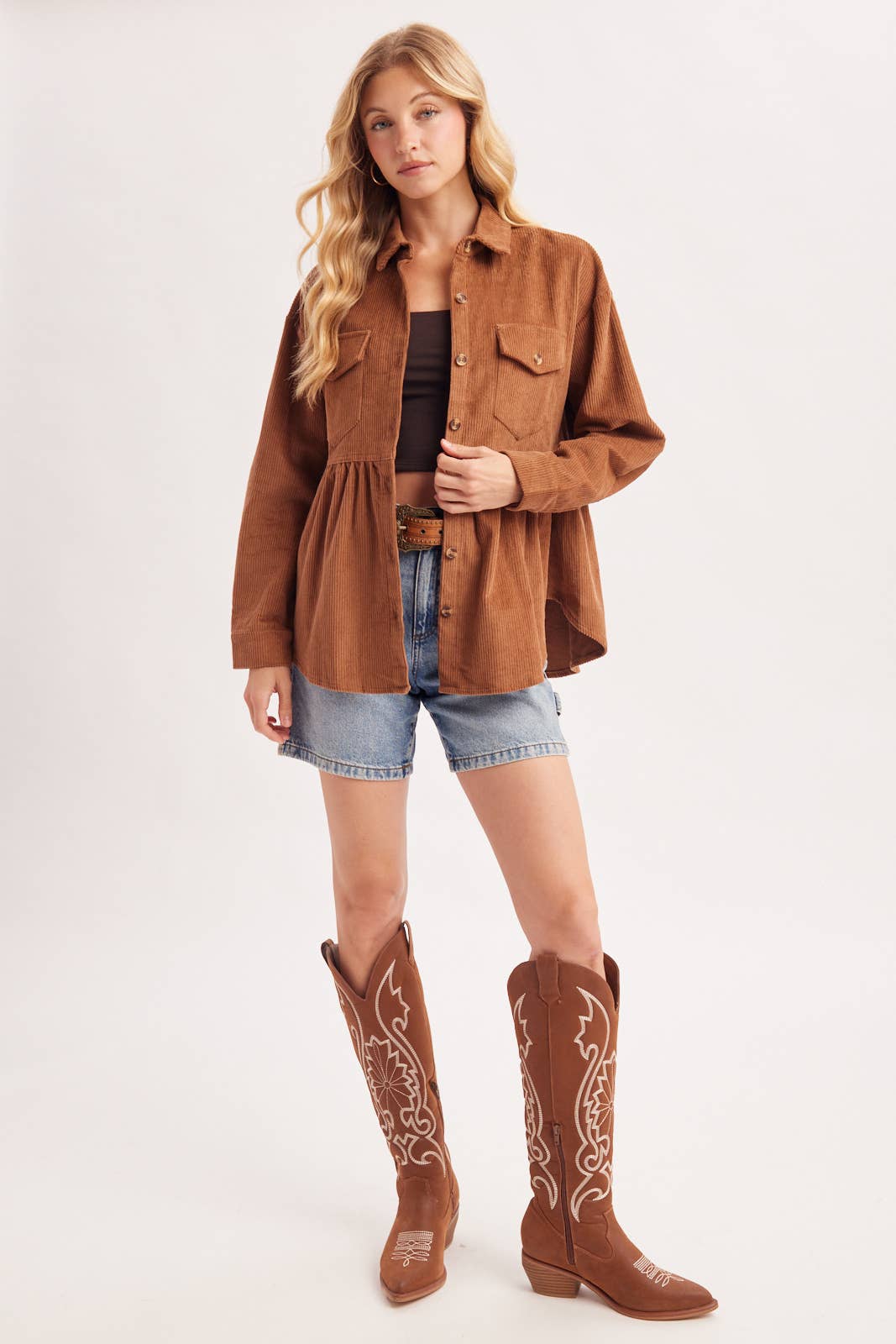 BUTTON DOWN CORDUROY PEPLUM SHACKET
