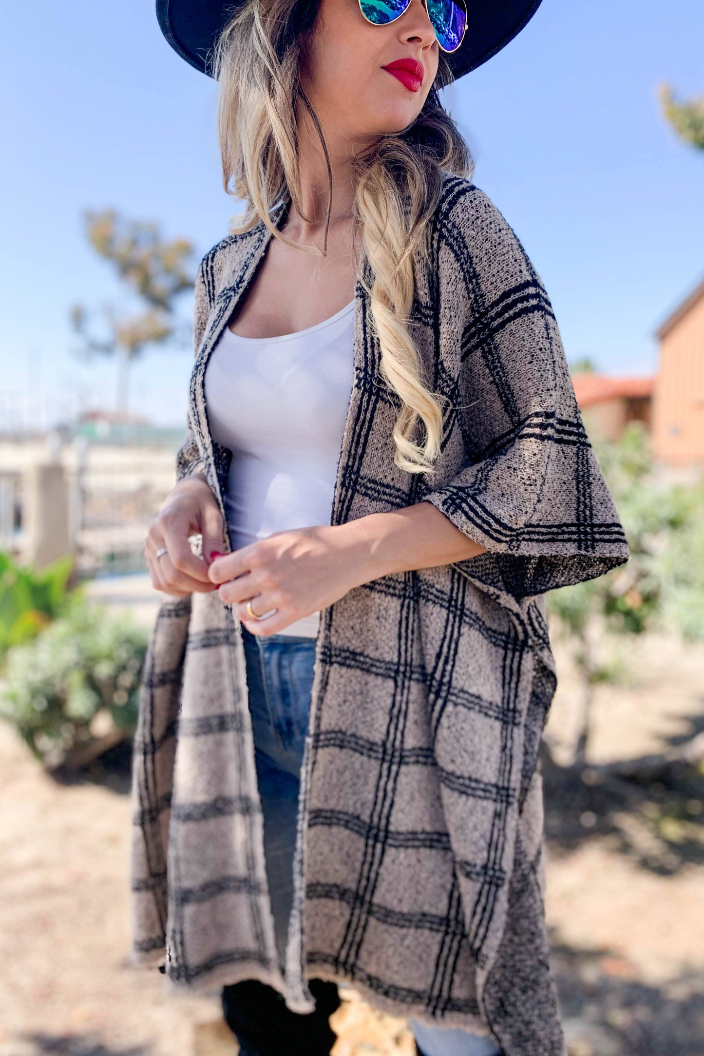 Plaid Printed Knitted Kimono Cardigan