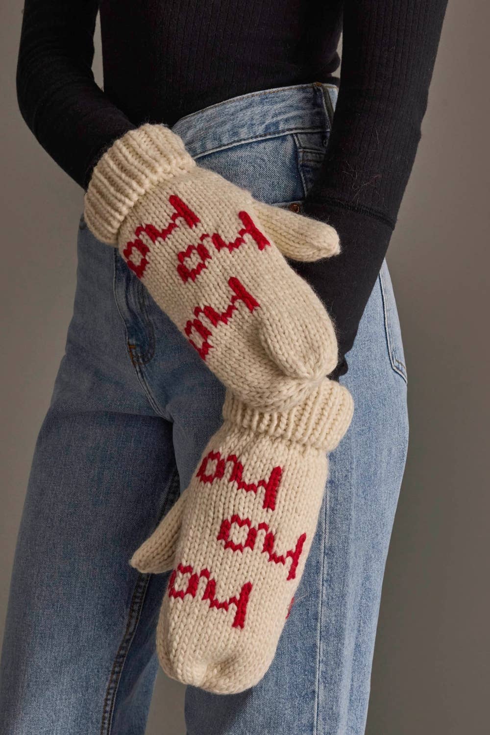Beige & Red Ho Ho Ho Mittens