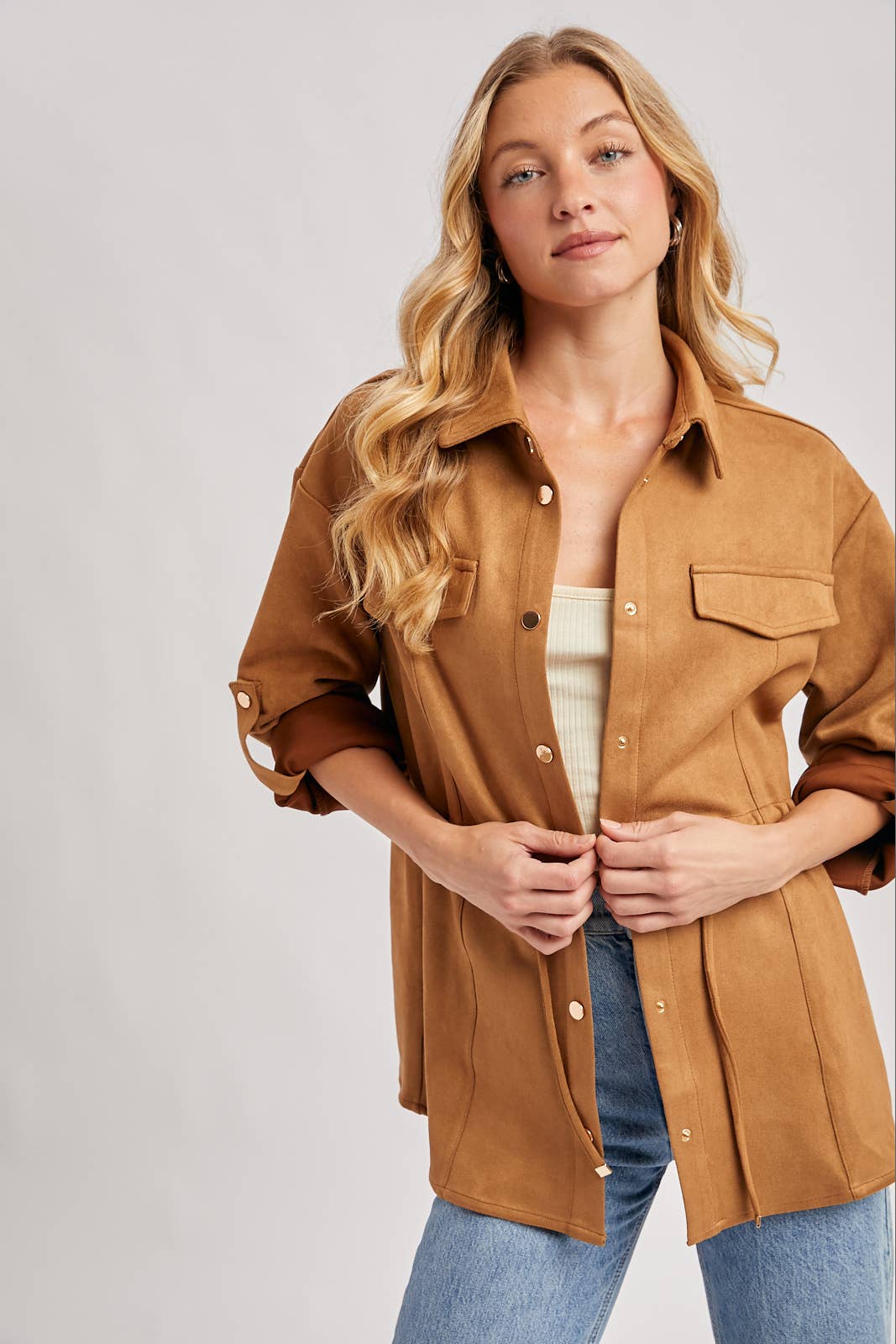 FAUX SUEDE BUTTON DOWN ROLL-UP SLEEVE SHACKET
