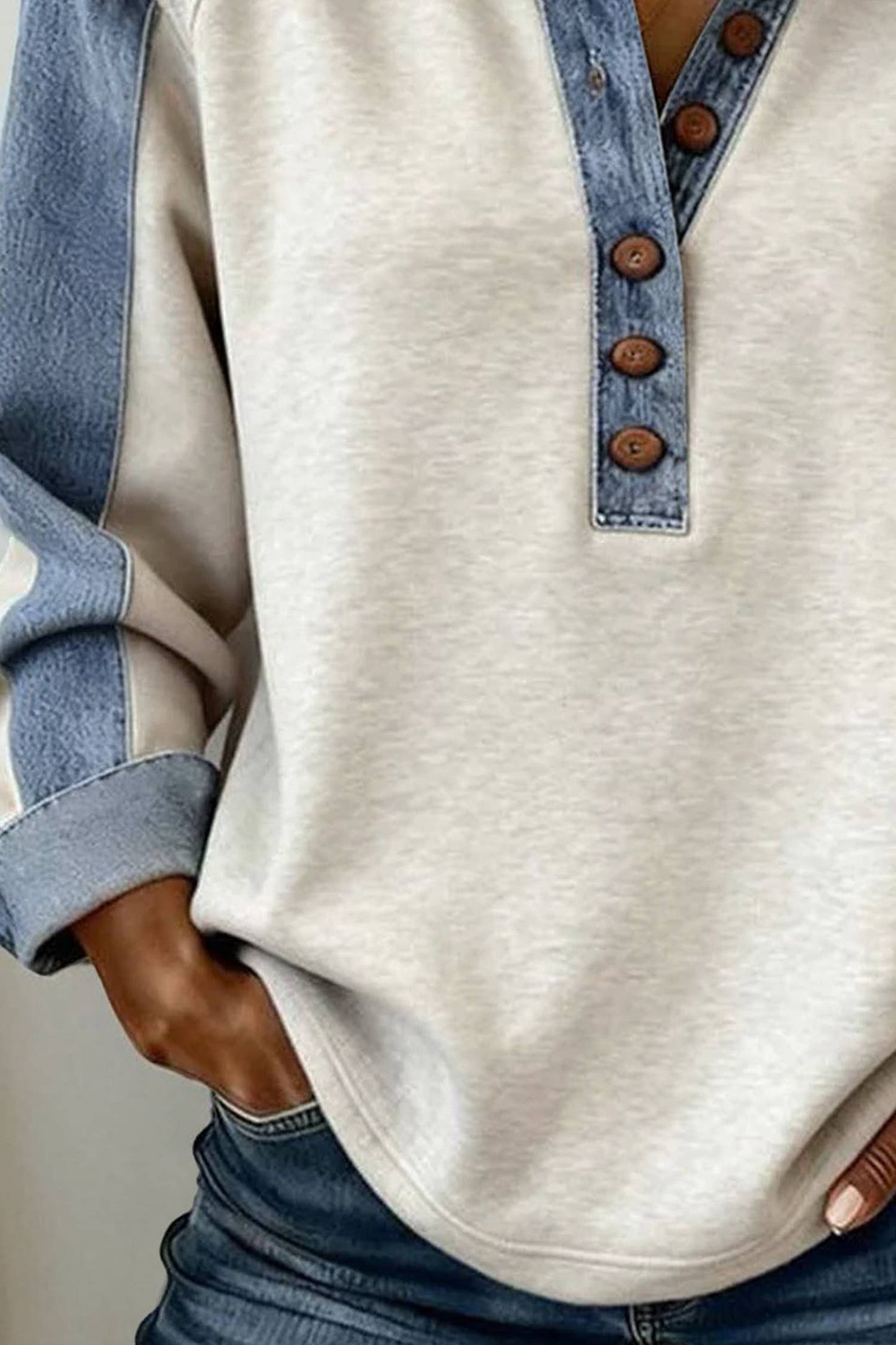 Western Denim Patchwork Shirt Collar Half Button Top