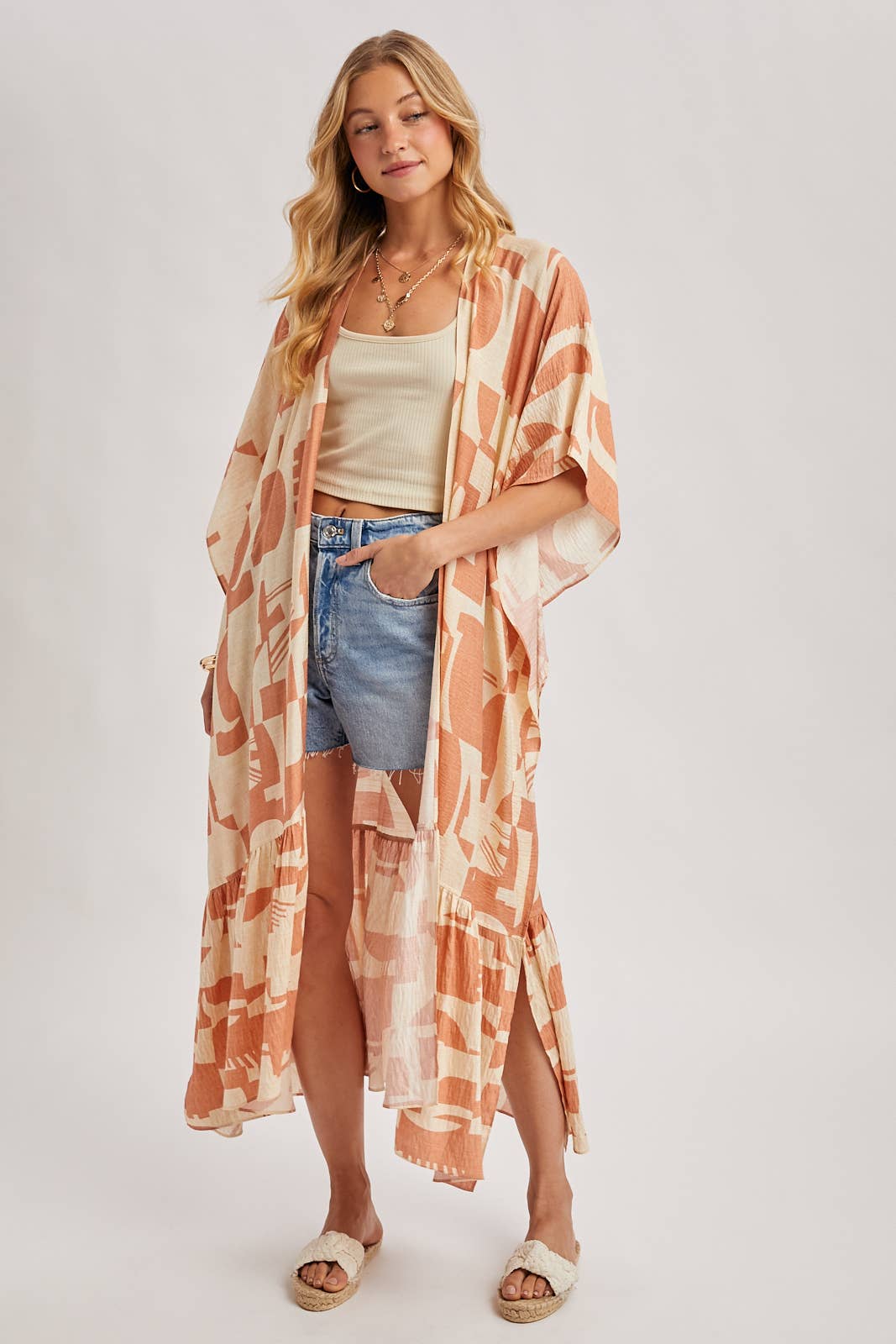 BOHO RUFFLE TIERED OPEN FRONT GEO PRINT MAXI KIMONO
