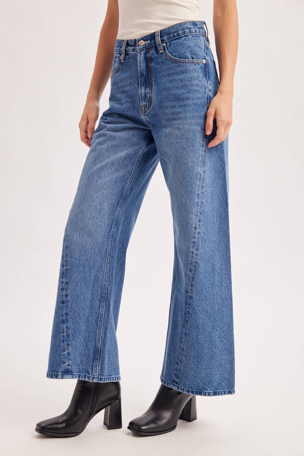 VINTAGE HIGH WAISTED SEAM FRONT WIDE LEG TROUSER DENIM JEANS