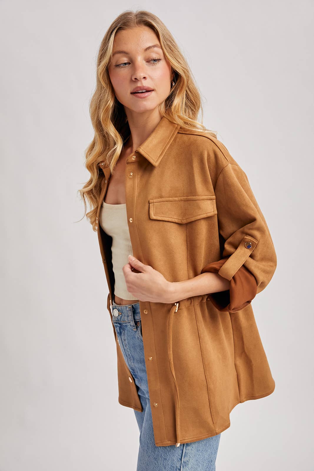 FAUX SUEDE BUTTON DOWN ROLL-UP SLEEVE SHACKET