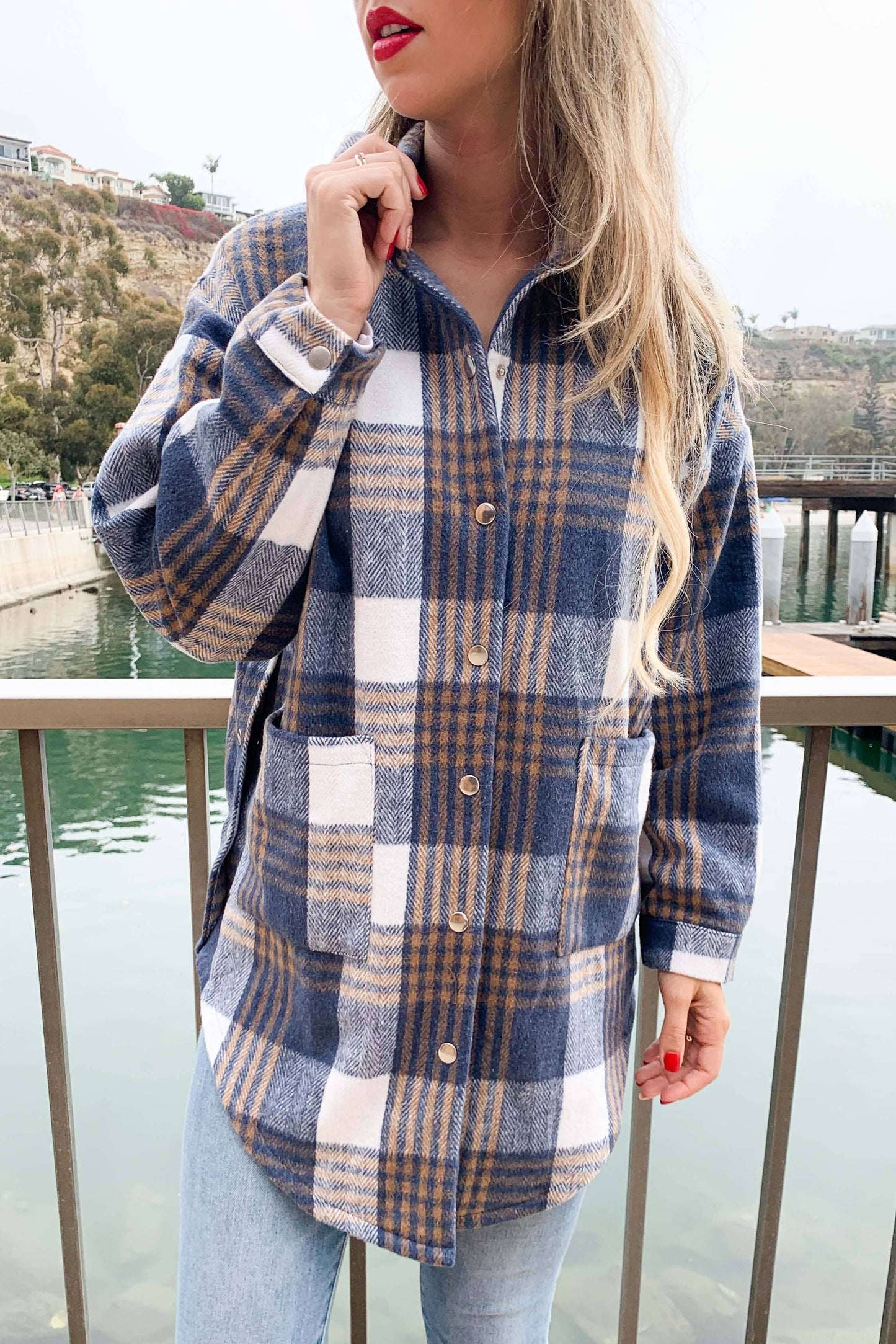 Blue Plaid Print Side Button Down Detail Oversized Jacket