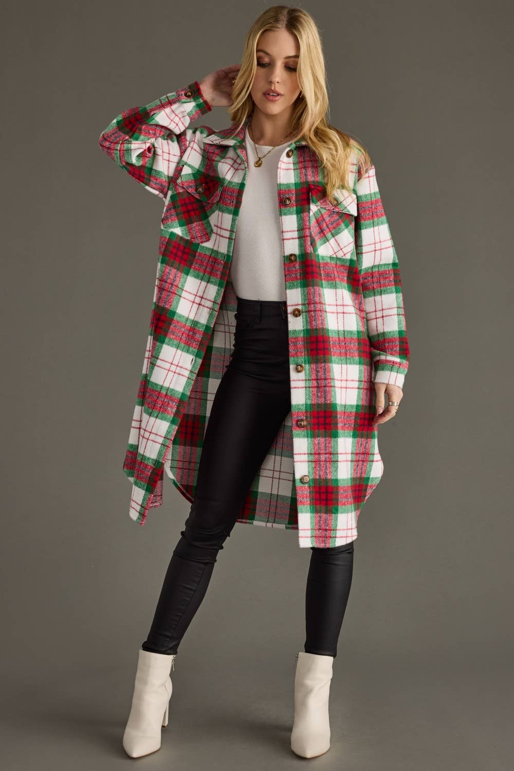 Red, Green & White Plaid Long Shacket