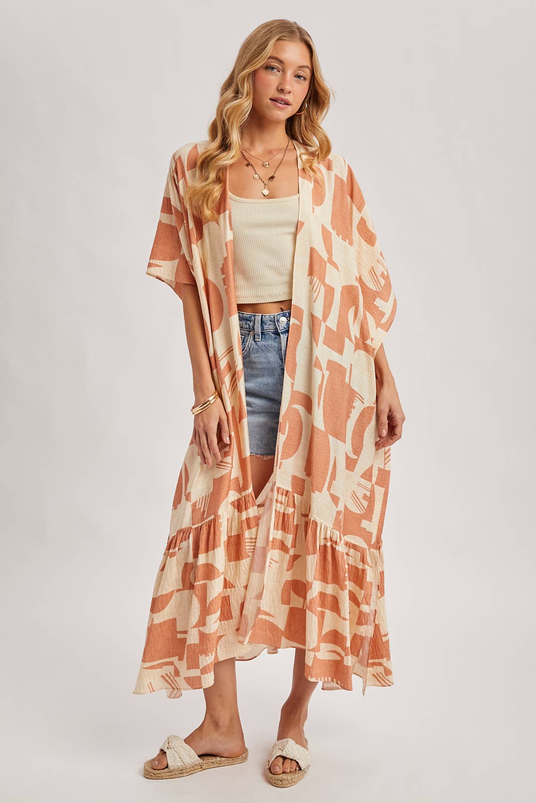 BOHO RUFFLE TIERED OPEN FRONT GEO PRINT MAXI KIMONO