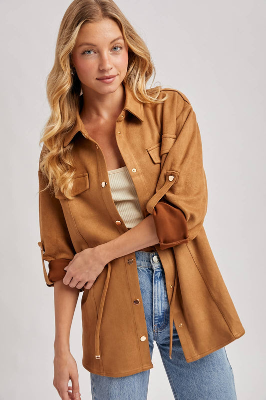 FAUX SUEDE BUTTON DOWN ROLL-UP SLEEVE SHACKET