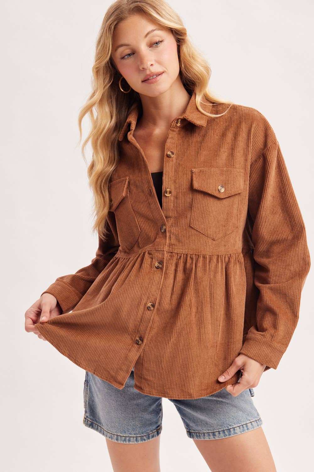BUTTON DOWN CORDUROY PEPLUM SHACKET