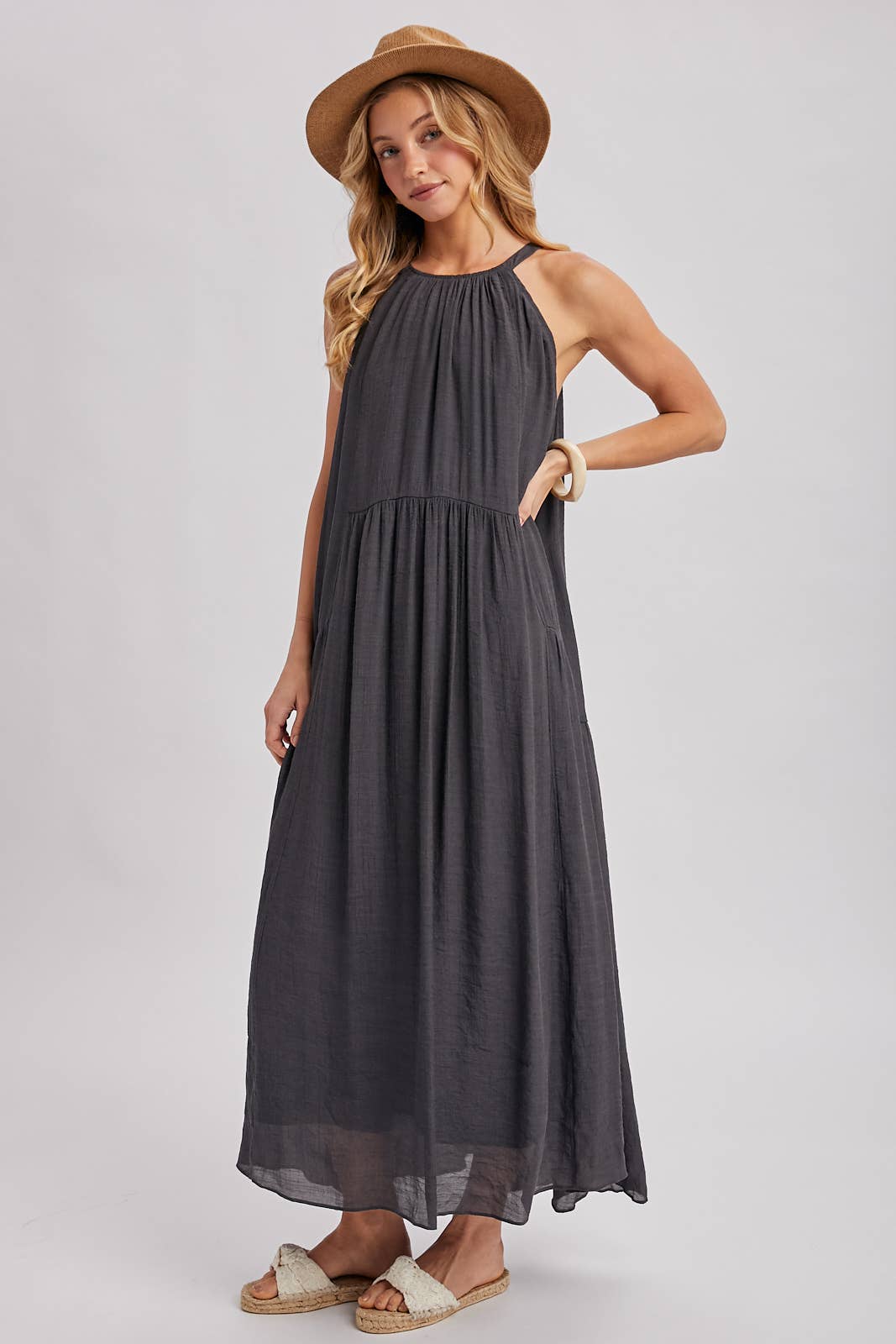 GATHERED HALTER NECK FLOWY MAXI DRESS