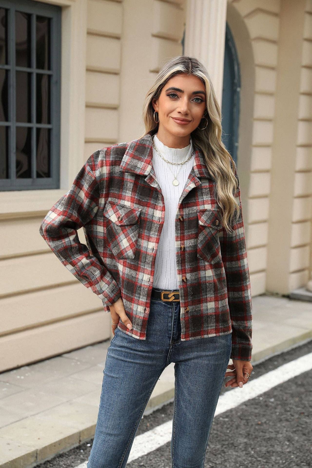 Long Sleeve Loose Pocket Plaid Top
