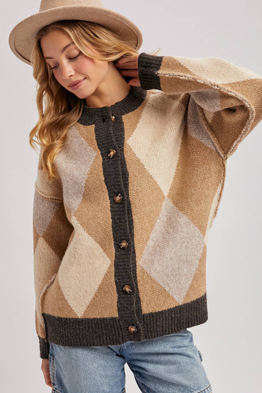 BUTTON DOWN ARGYLE KNIT SWEATER CARDIGAN