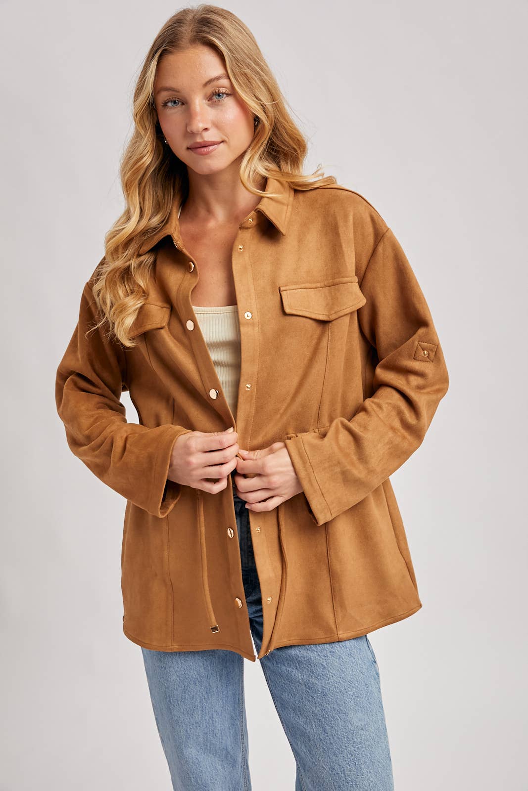 FAUX SUEDE BUTTON DOWN ROLL-UP SLEEVE SHACKET