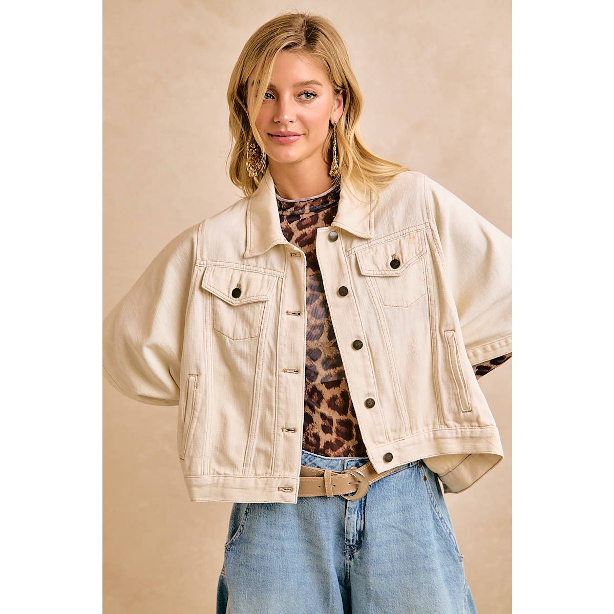 IVORY OVERSIZED CAPE SLEEVE CROPPED DENIM JACKET