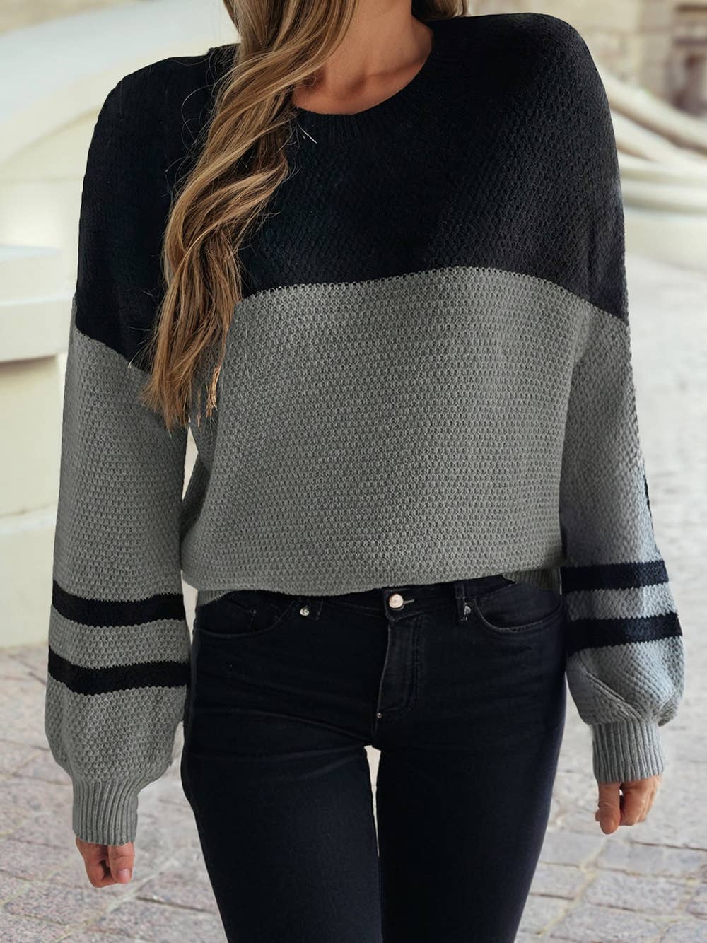Color Block Knit Striped Sleeve Sweater
