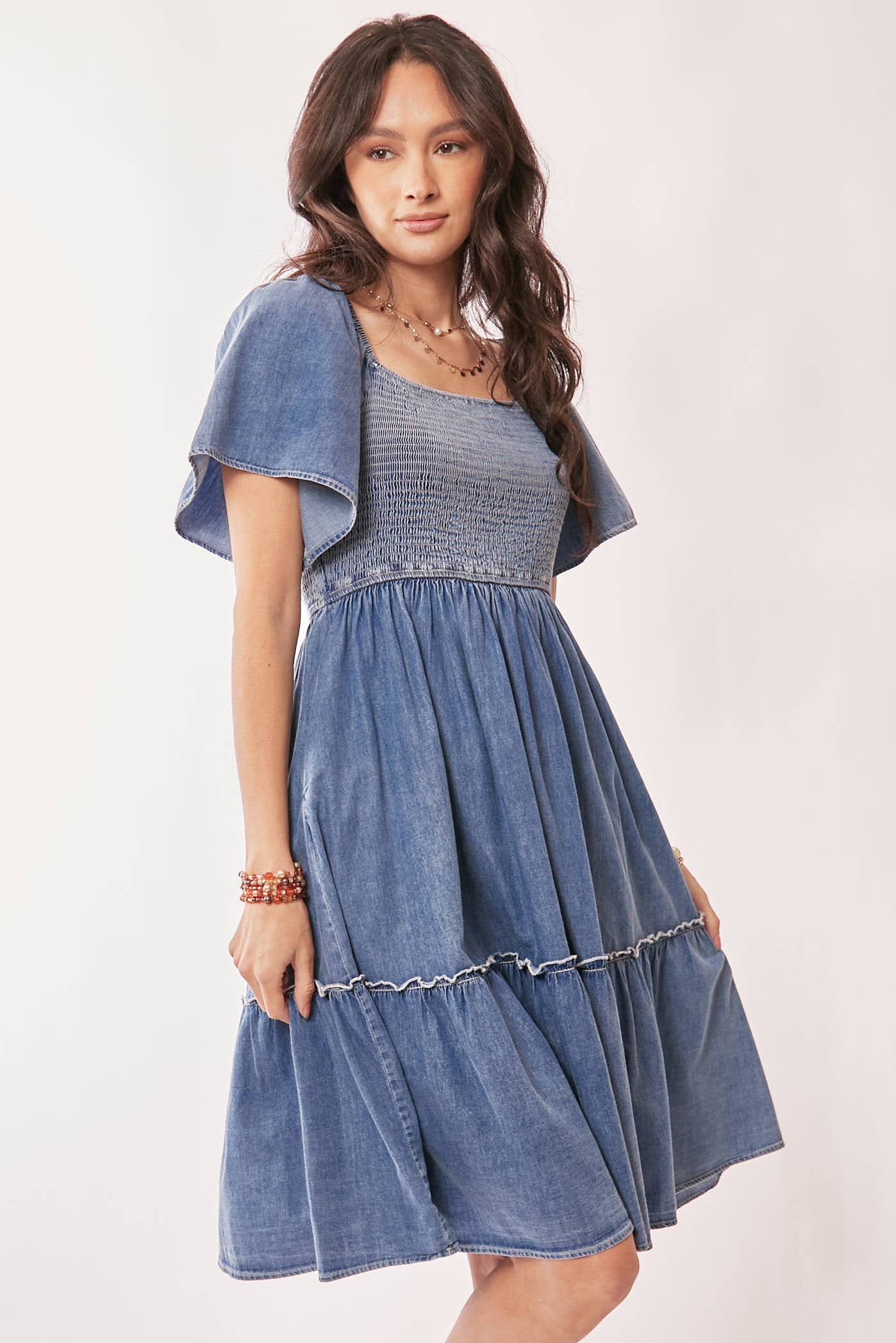 DENIM SHORT SLEEVE ELASTIC RUCHED CHEST DRESS
