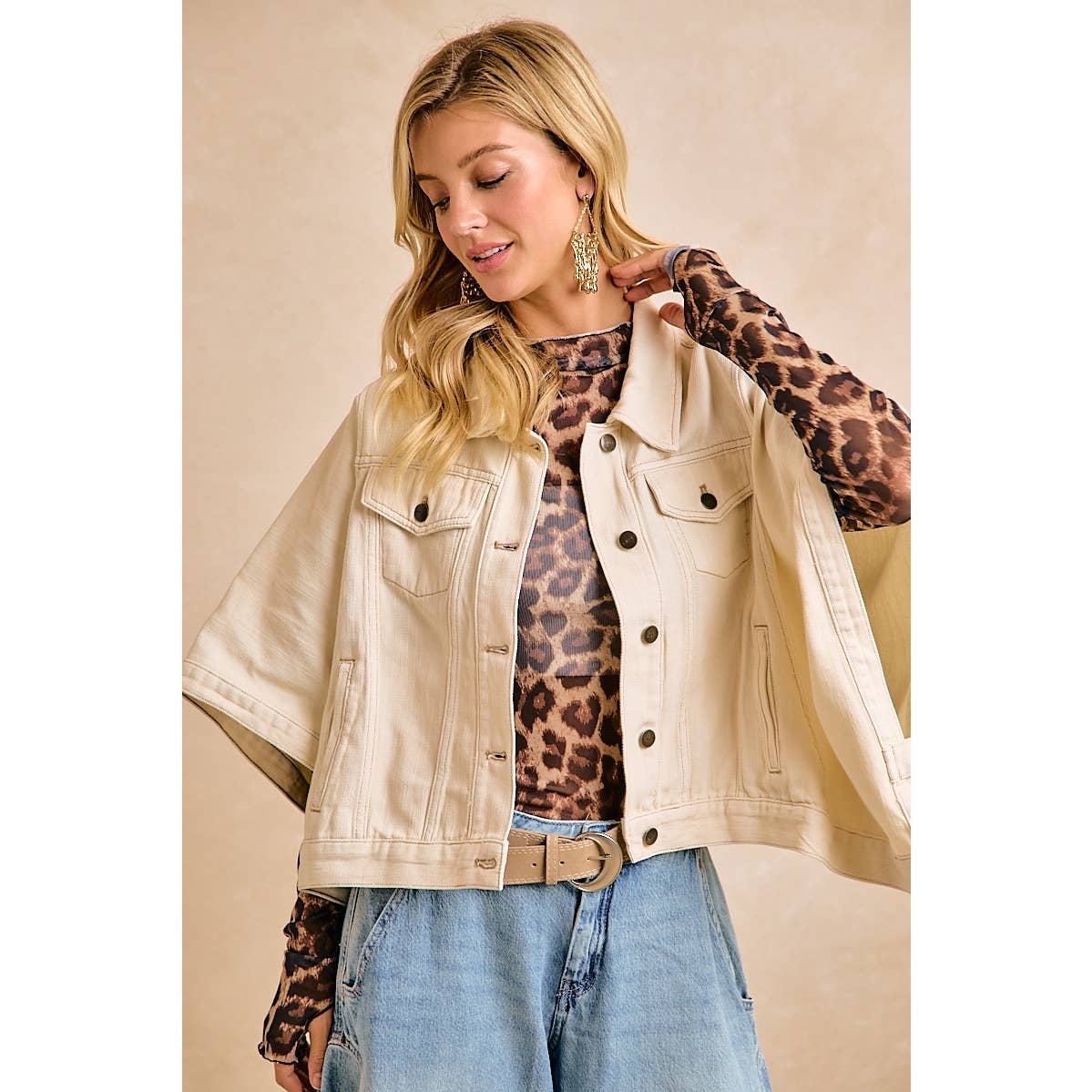 IVORY OVERSIZED CAPE SLEEVE CROPPED DENIM JACKET