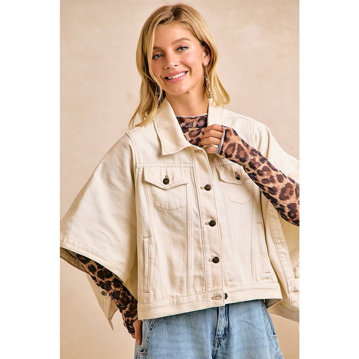 IVORY OVERSIZED CAPE SLEEVE CROPPED DENIM JACKET