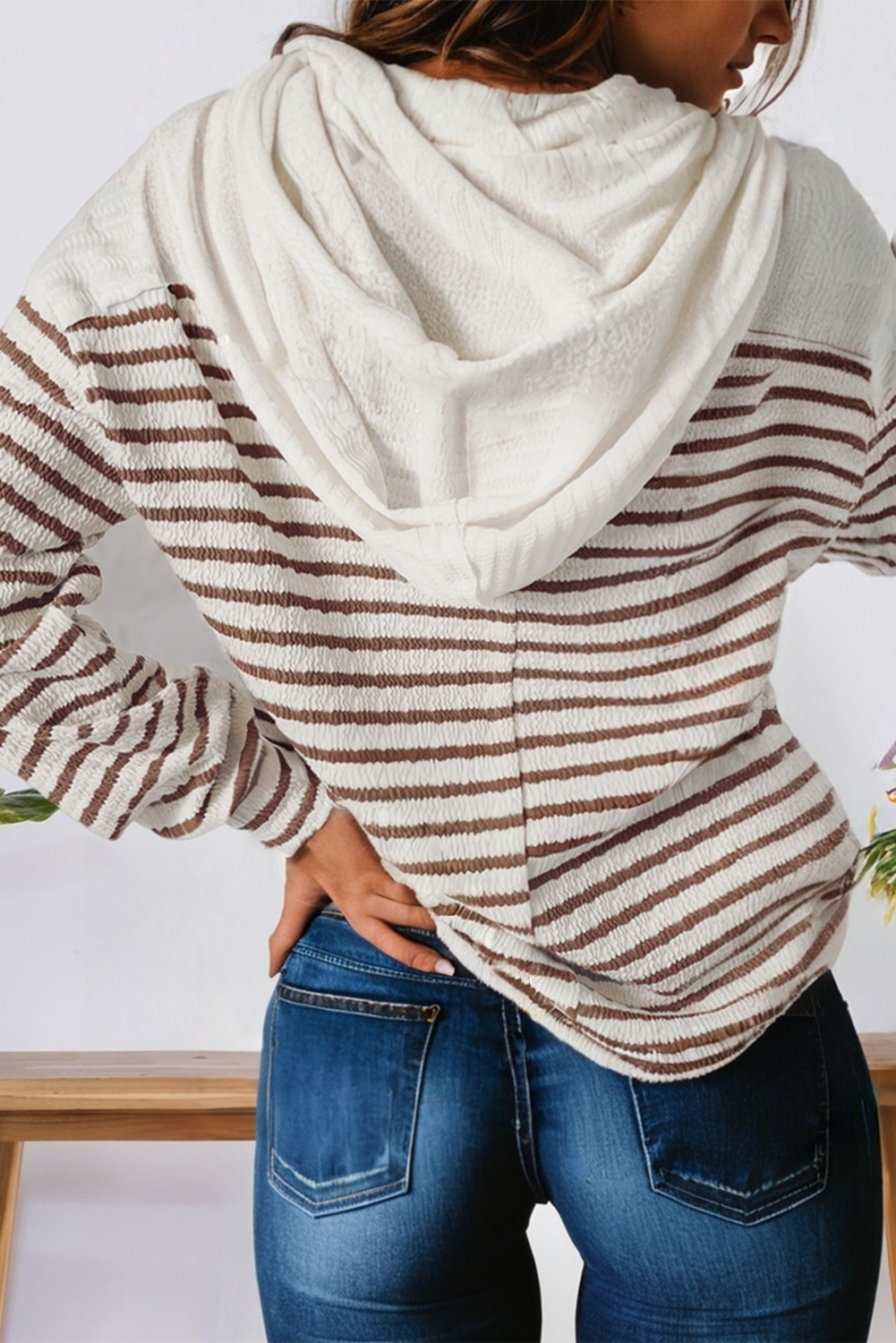 Stripe Textured Hooded V Neck Casual Long Sleeve Top