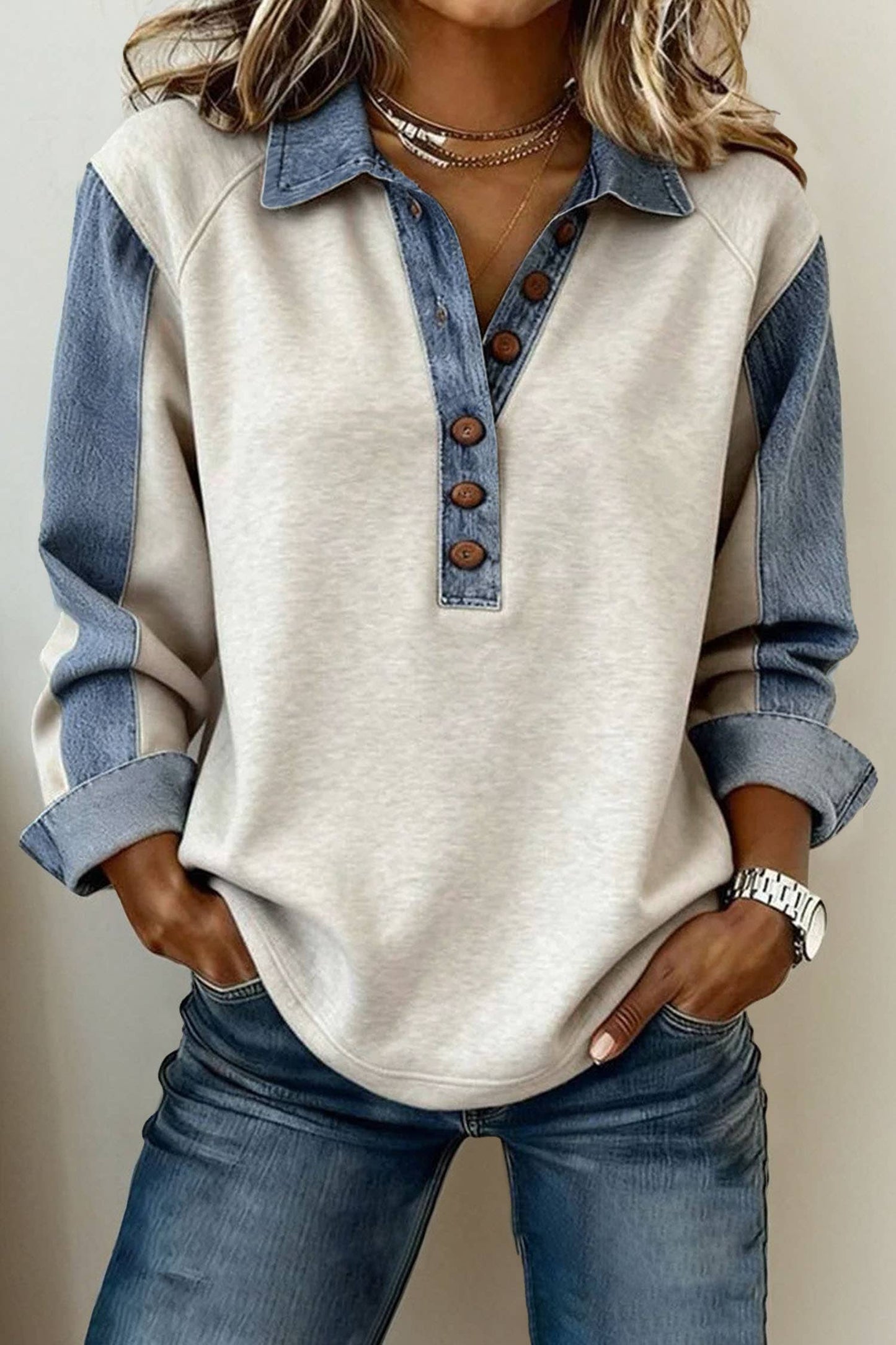 Western Denim Patchwork Shirt Collar Half Button Top