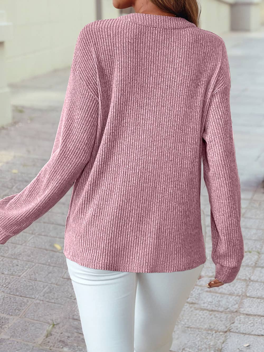 Ribbed Texture Drop Shoulder Henley Knit Top