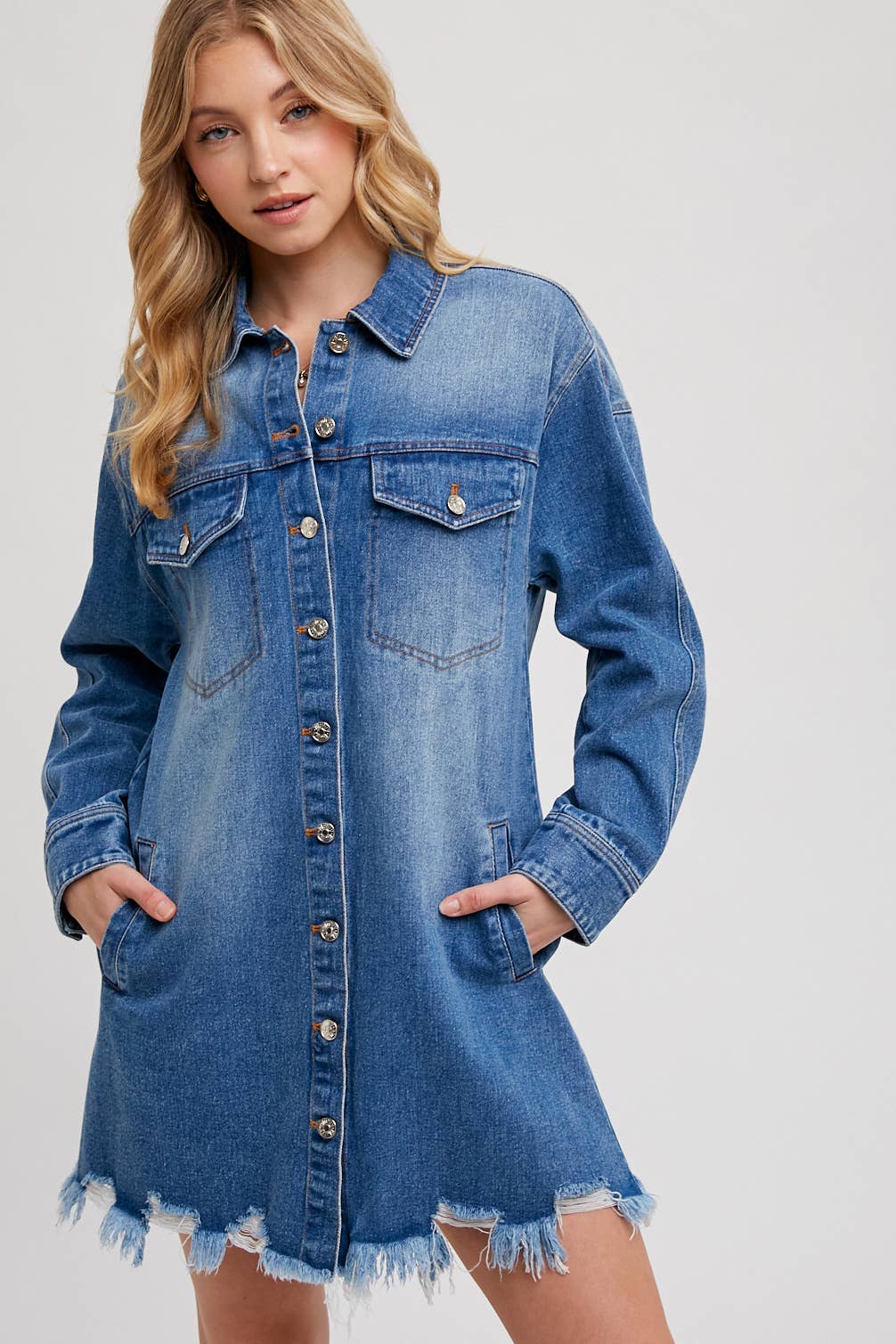 DISTRESSED FRAYED-TRIM DENIM SHIRT JACKET