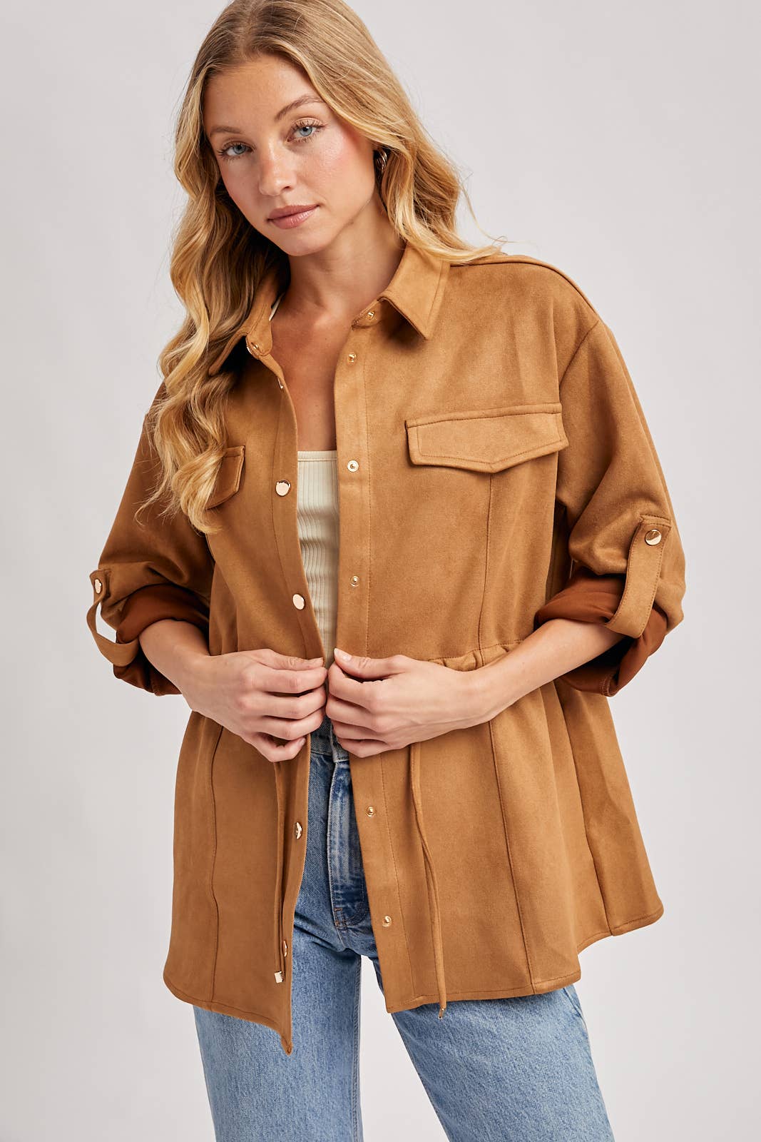 FAUX SUEDE BUTTON DOWN ROLL-UP SLEEVE SHACKET