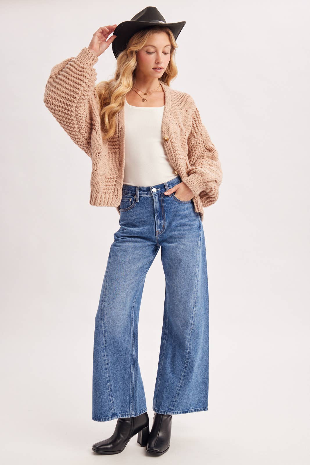 VINTAGE HIGH WAISTED SEAM FRONT WIDE LEG TROUSER DENIM JEANS