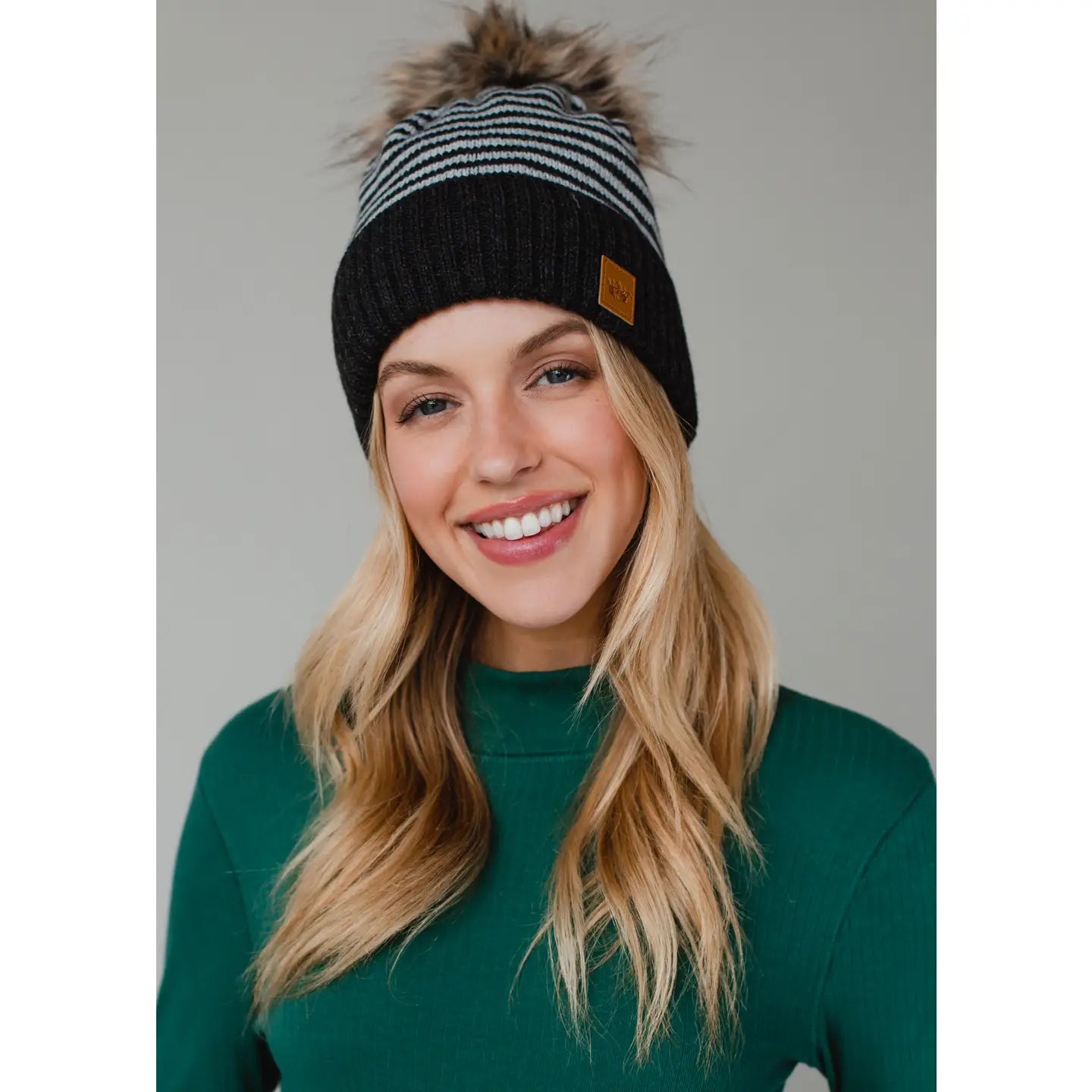 Dark Gray & White Striped Pom Hat