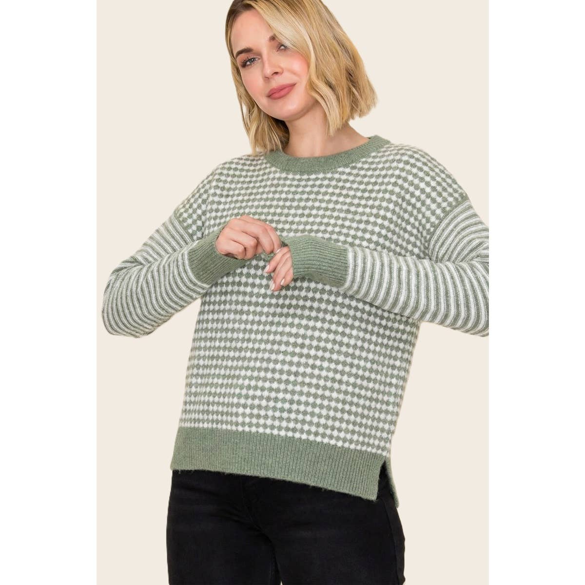CHECKER BORAD AND STRIPE MIX MEDIA SWEATER