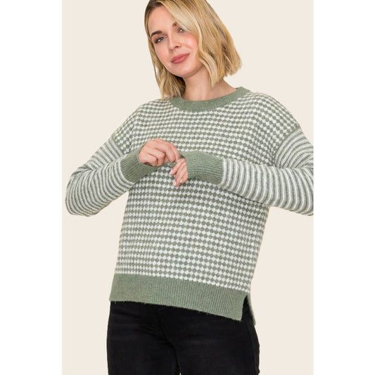 CHECKER BORAD AND STRIPE MIX MEDIA SWEATER