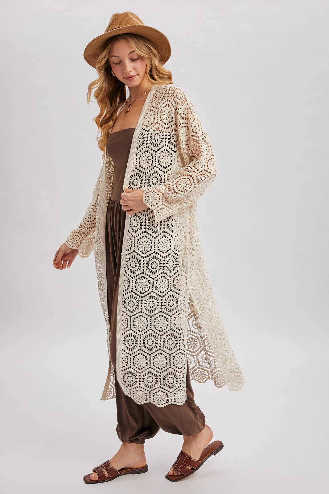 BOHO LONG LINE SIDE SLIT CROCHET CARDIGAN