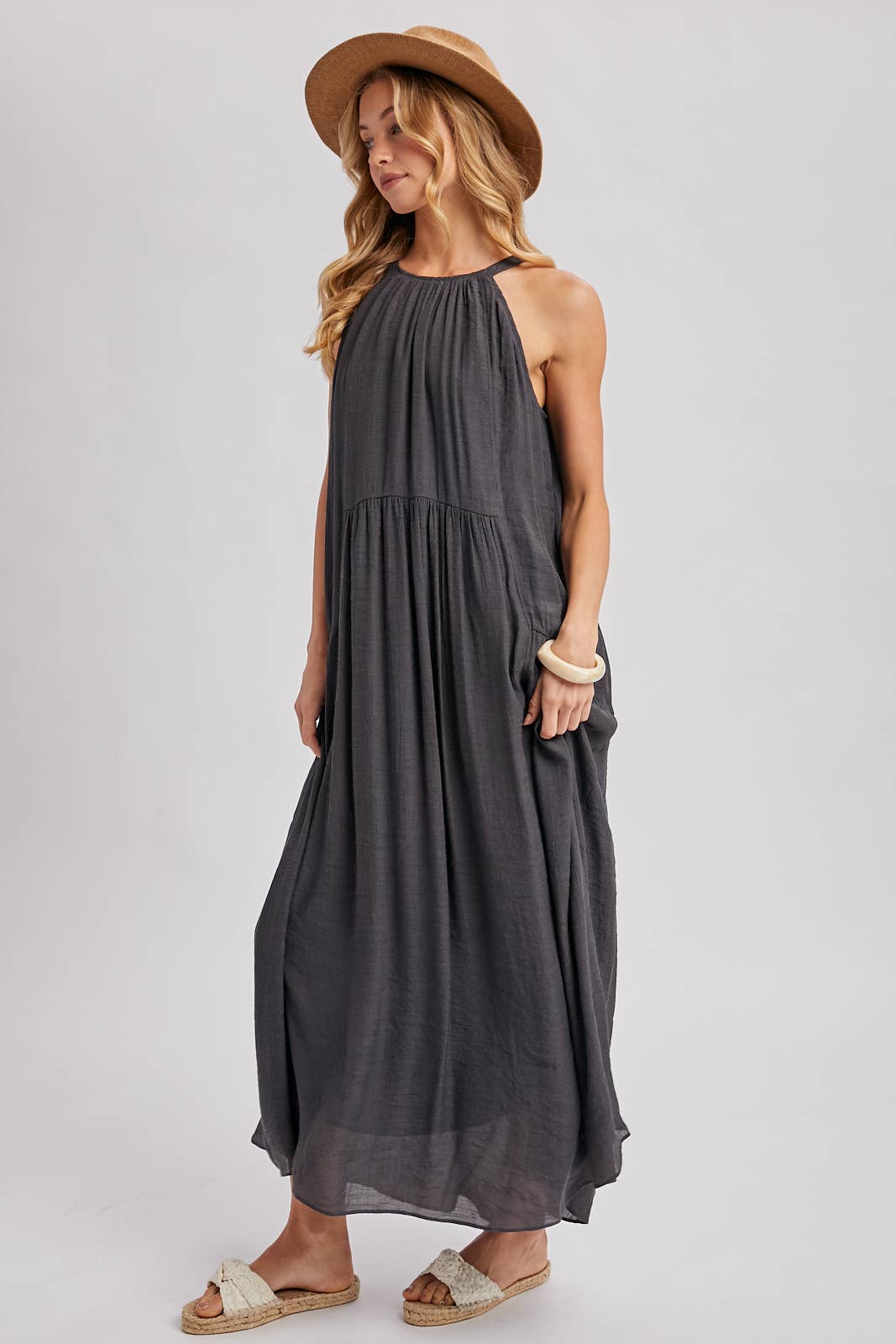 GATHERED HALTER NECK FLOWY MAXI DRESS