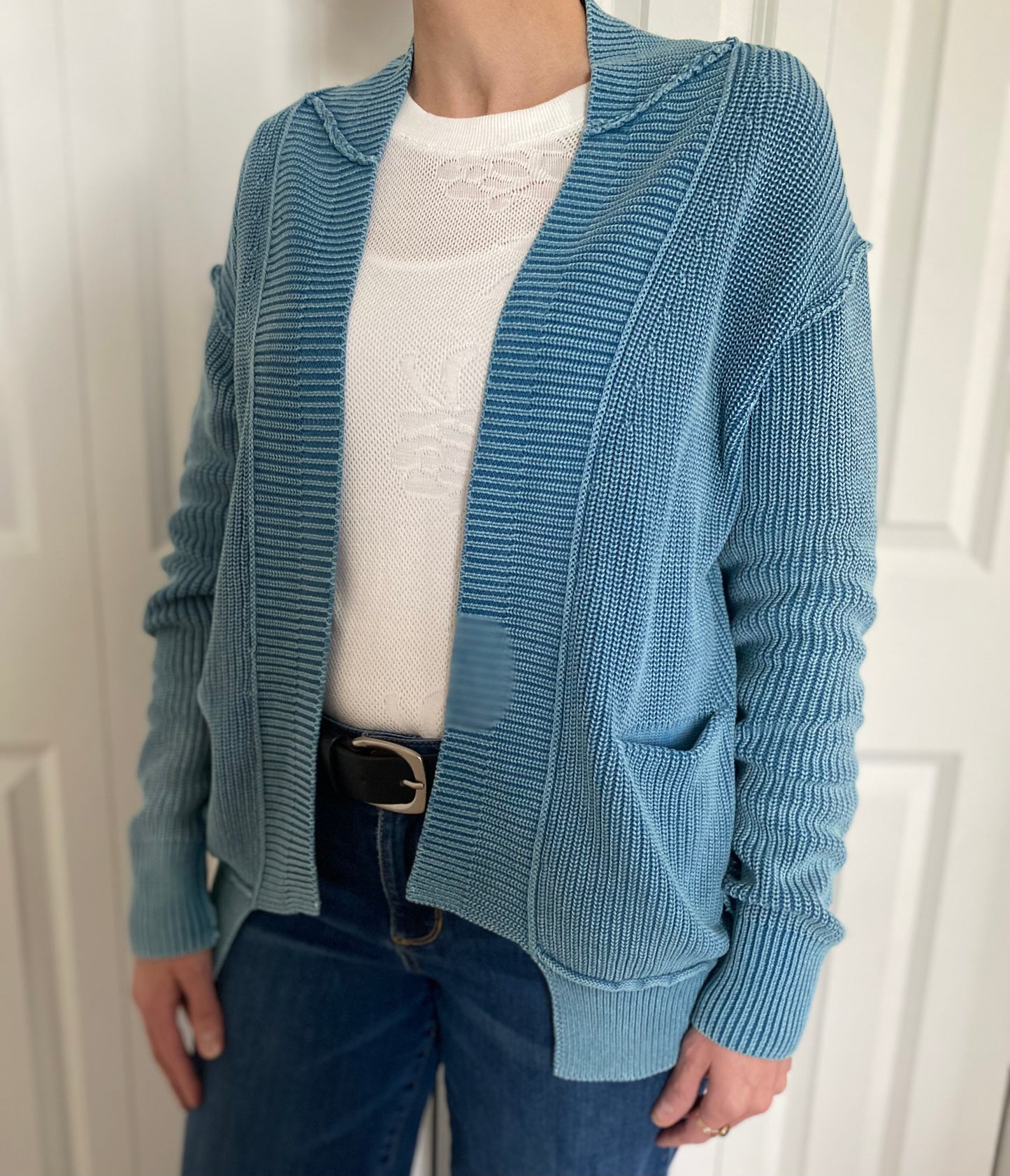 Wash Exposed Seam Patchwork Knit Cardigan