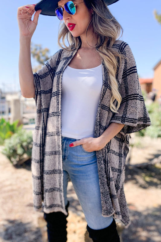 Plaid Printed Knitted Kimono Cardigan