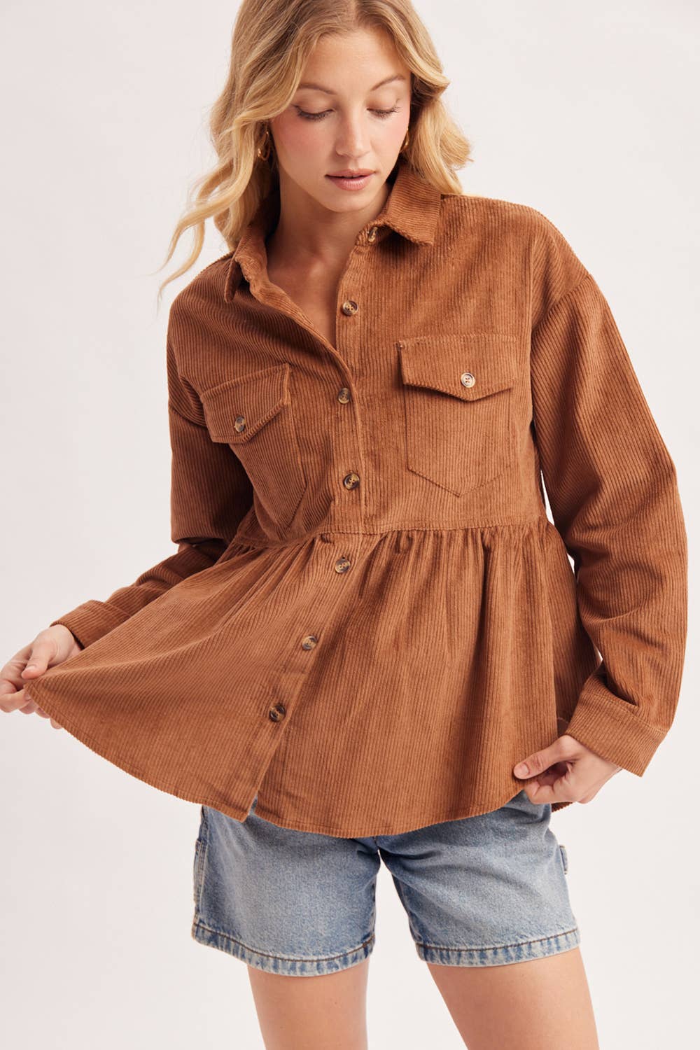 BUTTON DOWN CORDUROY PEPLUM SHACKET