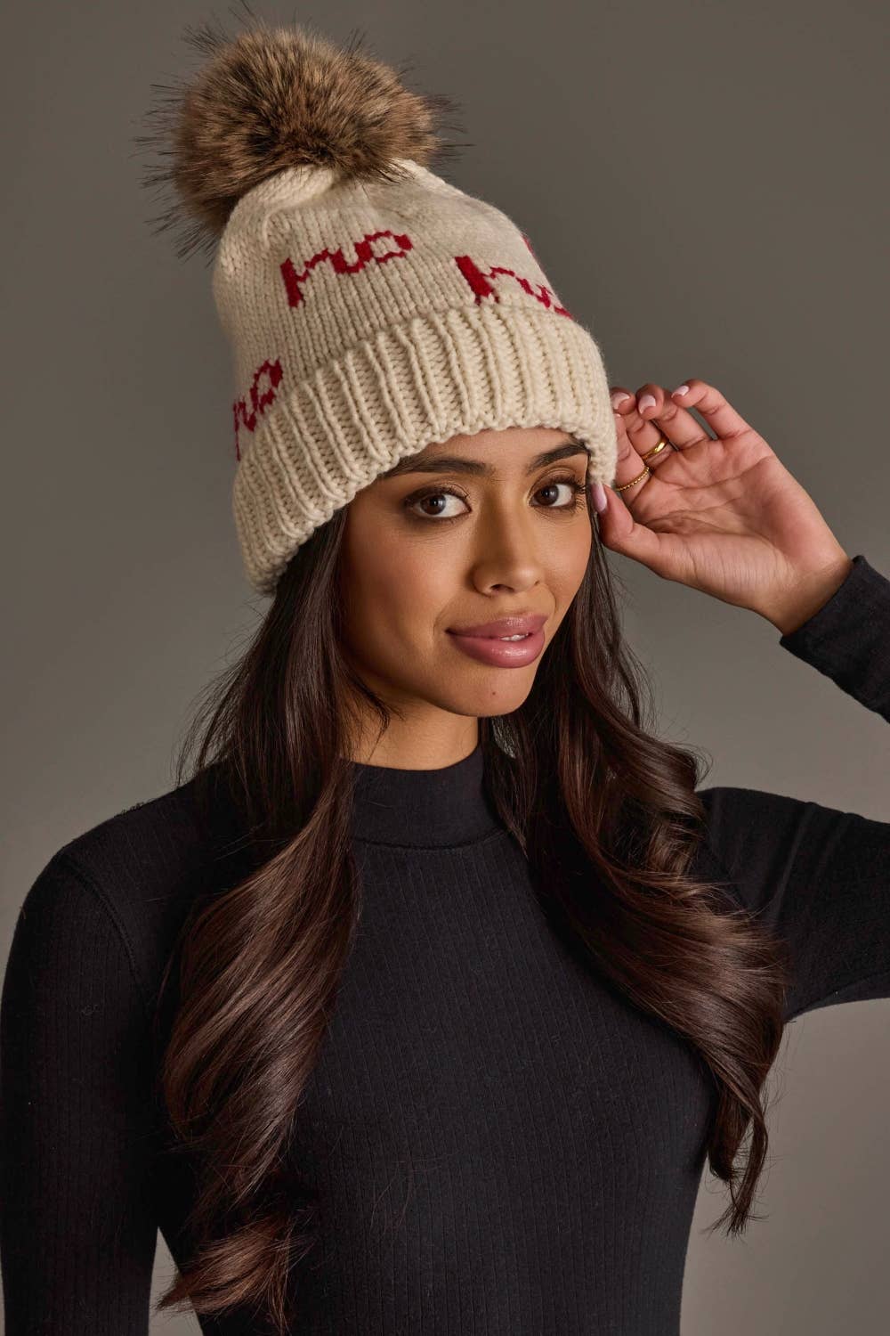 Beige & Red Ho Ho Ho Pom Hat