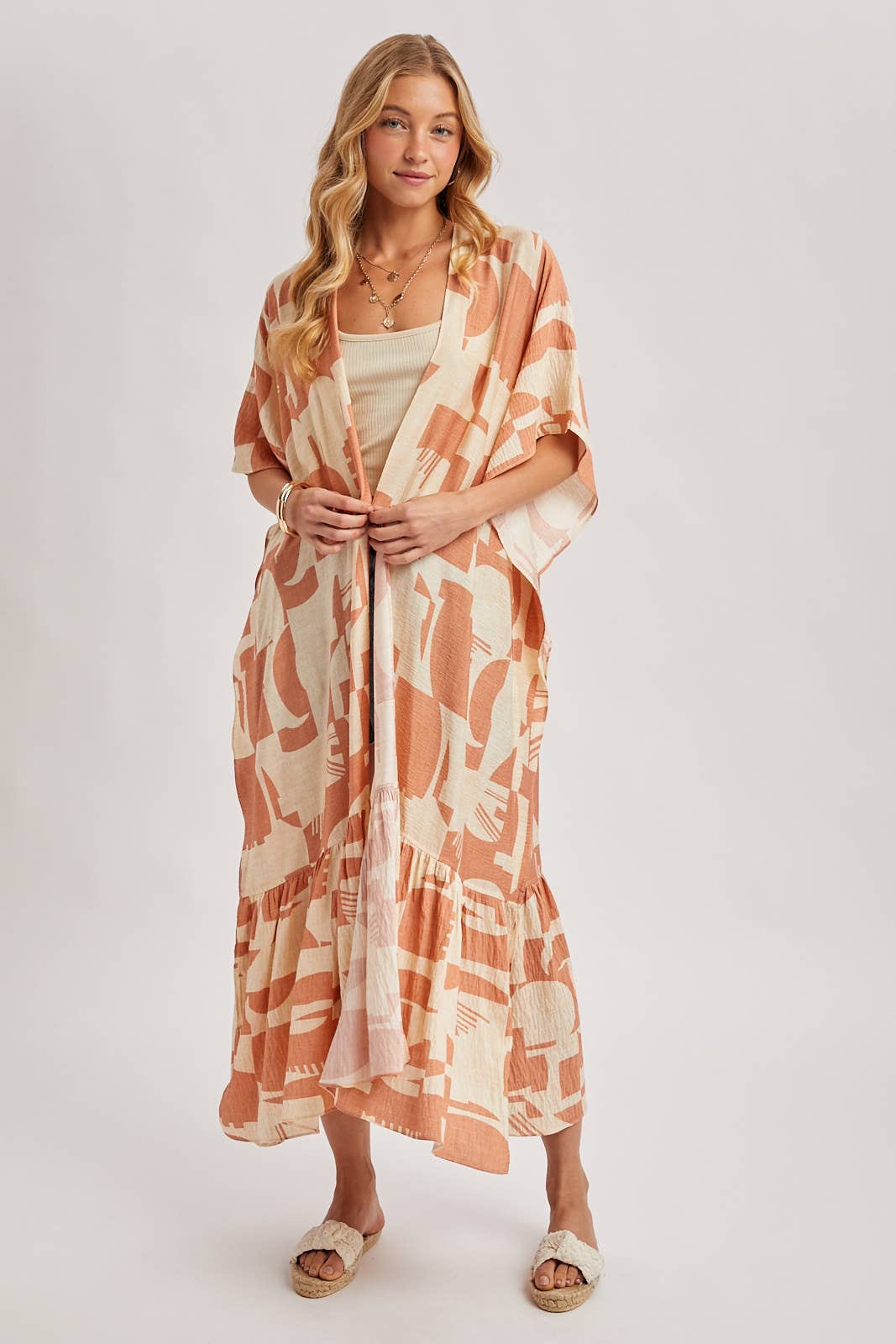 BOHO RUFFLE TIERED OPEN FRONT GEO PRINT MAXI KIMONO