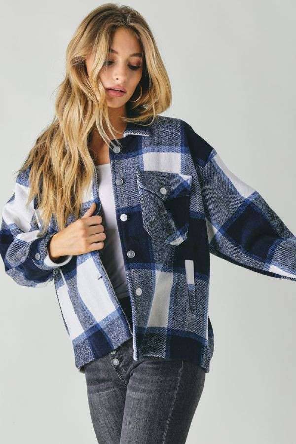 Oversized Plaid Button Front Shirt Jacket
