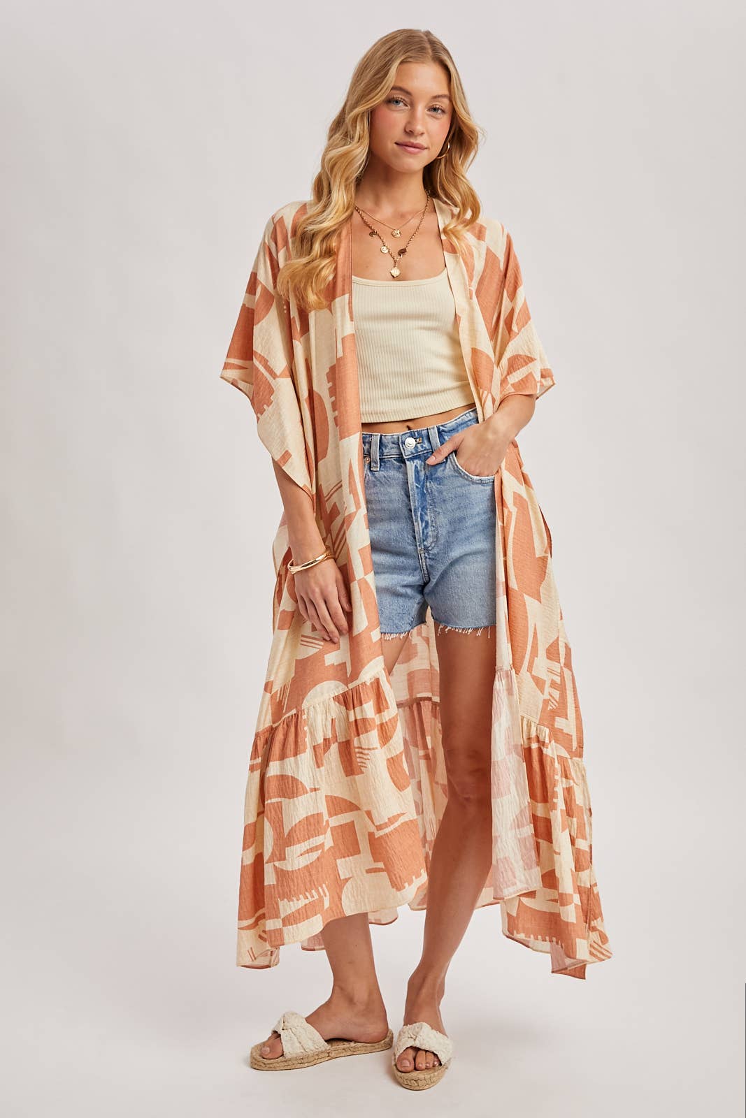 BOHO RUFFLE TIERED OPEN FRONT GEO PRINT MAXI KIMONO