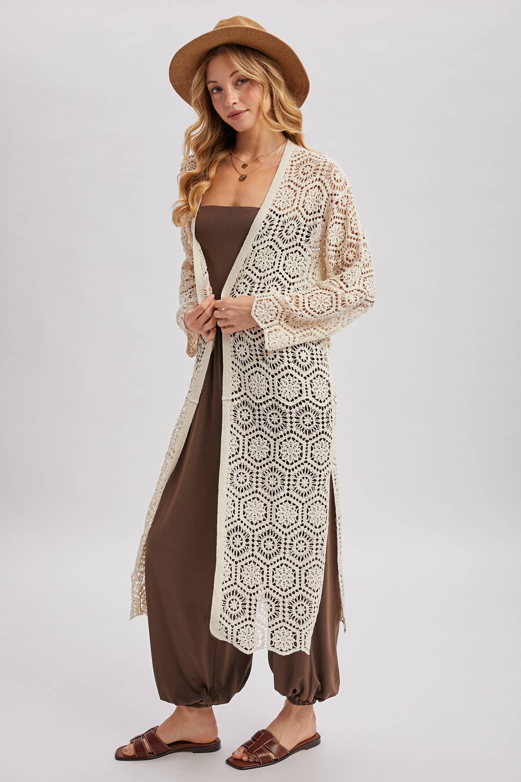 BOHO LONG LINE SIDE SLIT CROCHET CARDIGAN