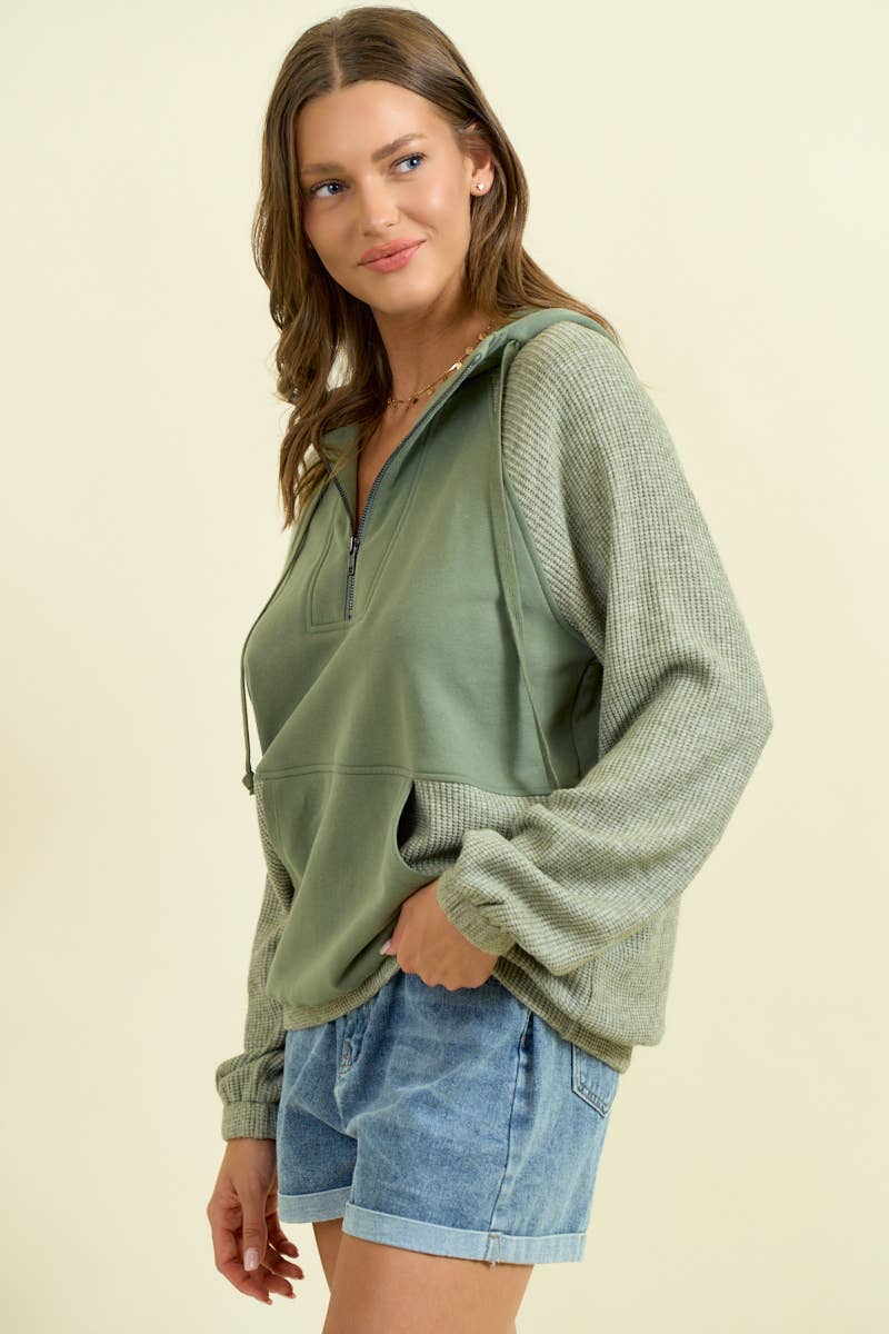 FLEECE & SOFT KNIT RIB MIXED HALF ZIP UP HOODIE