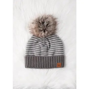 Taupe & White Striped Pom Hat
